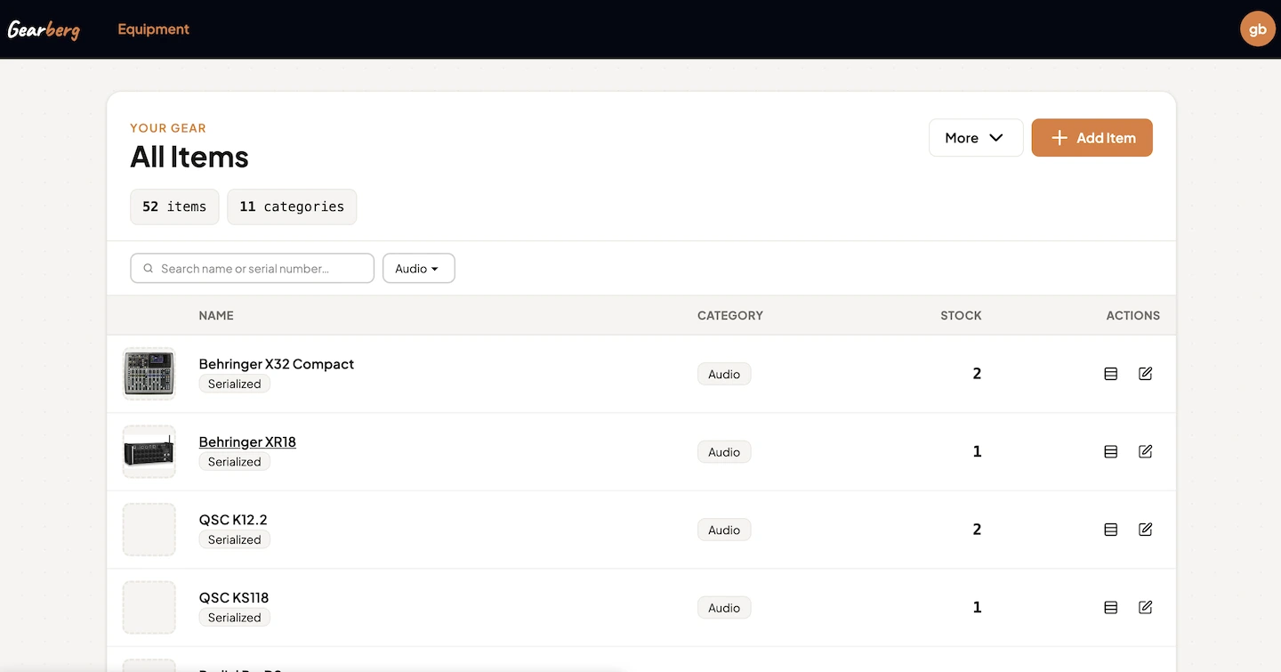 Gearberg equipment management interface